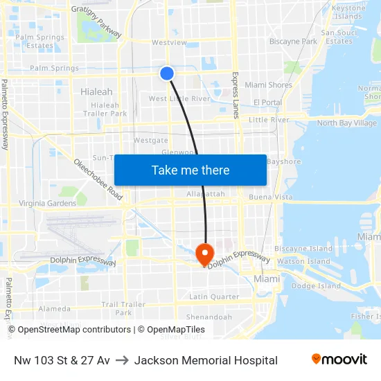 Nw 103 St & 27 Av to Jackson Memorial Hospital map