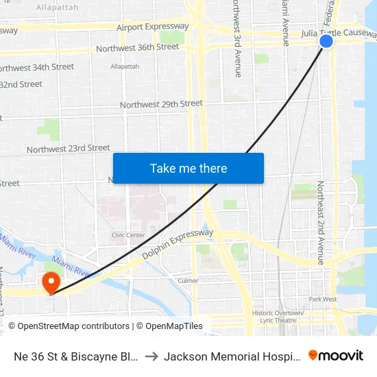 Ne 36 St & Biscayne Blvd to Jackson Memorial Hospital map