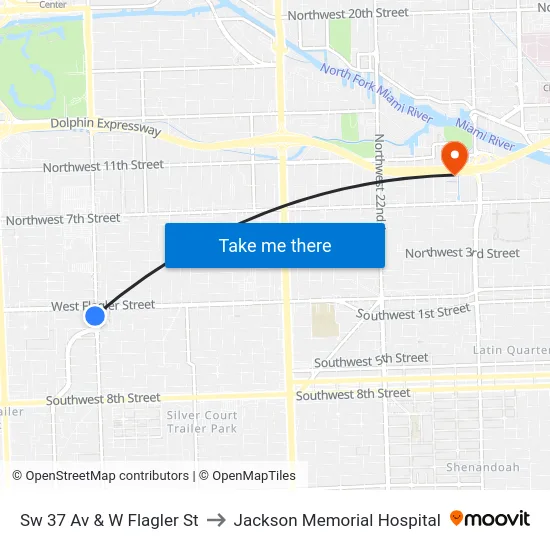Sw 37 Av & W Flagler St to Jackson Memorial Hospital map