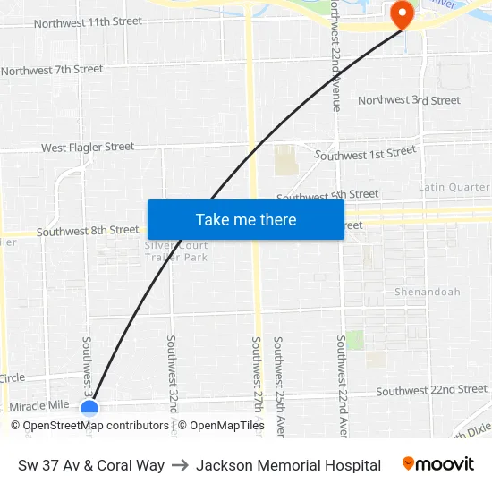 Sw 37 Av & Coral Way to Jackson Memorial Hospital map