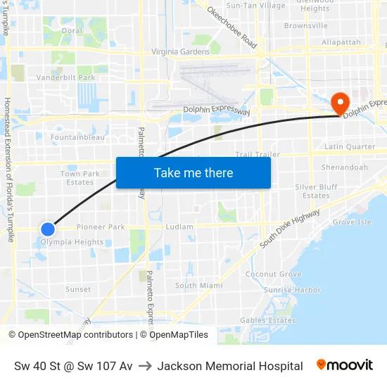 Sw 40 St @ Sw 107 Av to Jackson Memorial Hospital map