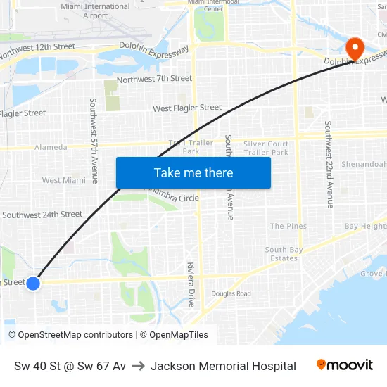 Sw 40 St @ Sw 67 Av to Jackson Memorial Hospital map