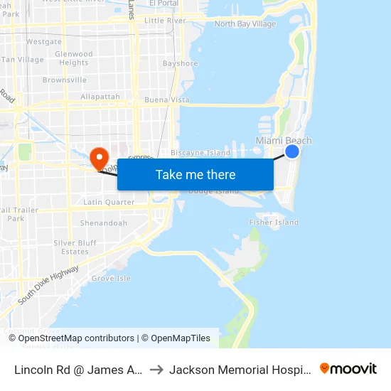 Lincoln Rd @ James Ave to Jackson Memorial Hospital map