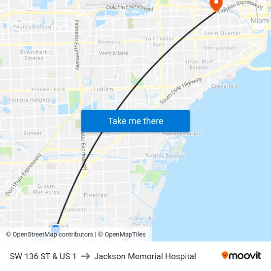 Sw 136 St & Us 1 to Jackson Memorial Hospital map