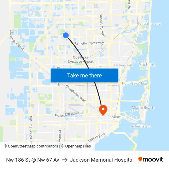 Nw 186 St @ Nw 67 Av to Jackson Memorial Hospital map