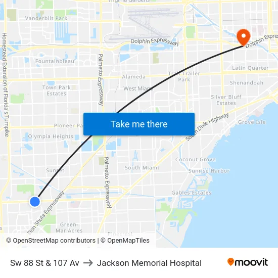 Sw 88 St & 107 Av to Jackson Memorial Hospital map