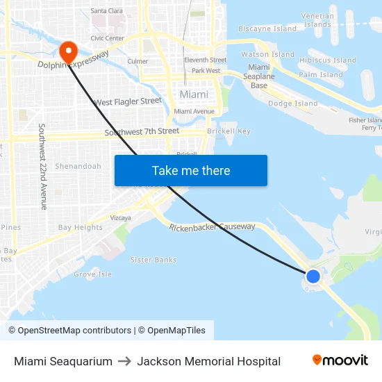 Miami Seaquarium to Jackson Memorial Hospital map