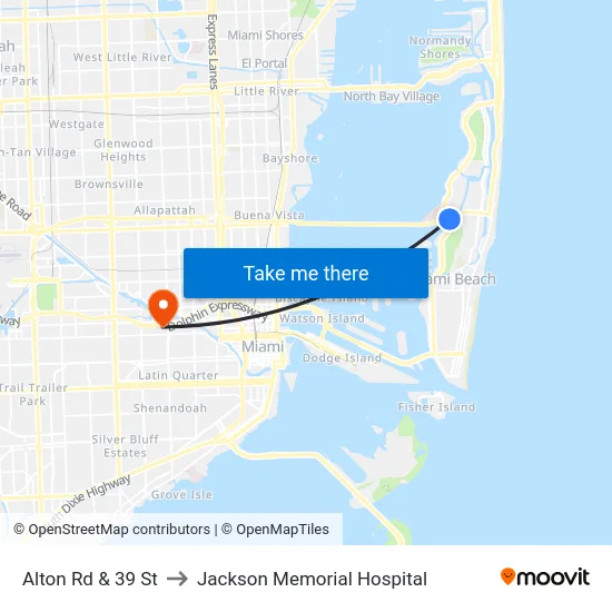 Alton Rd & 39 St to Jackson Memorial Hospital map
