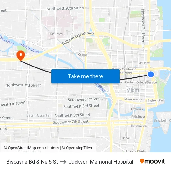 Biscayne Bd & Ne 5 St to Jackson Memorial Hospital map