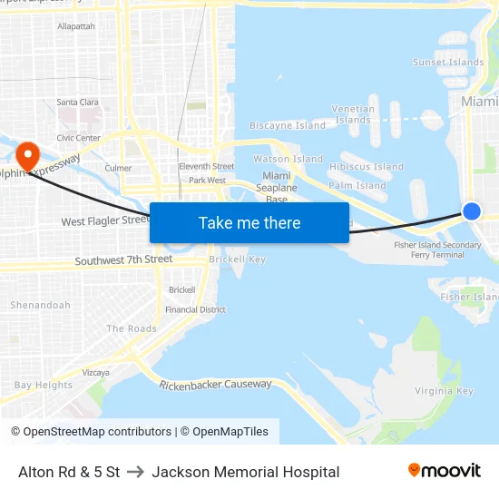 Alton Rd & 5 St to Jackson Memorial Hospital map