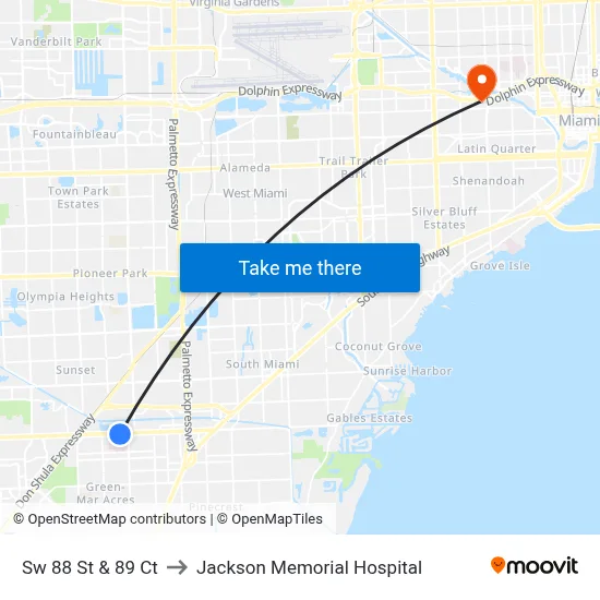 Sw 88 St & 89 Ct to Jackson Memorial Hospital map