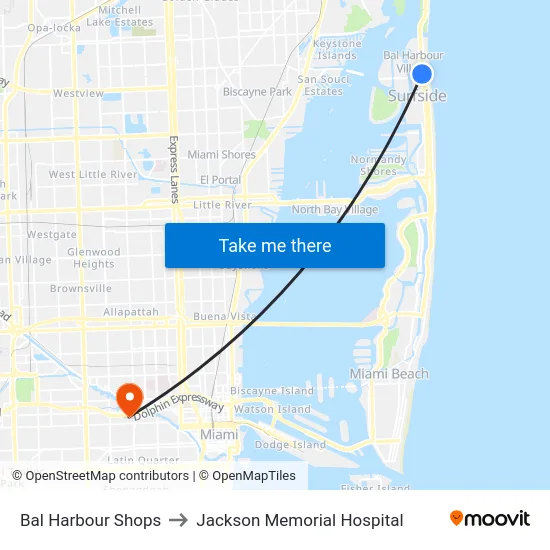 Bal Harbour Shops to Jackson Memorial Hospital map