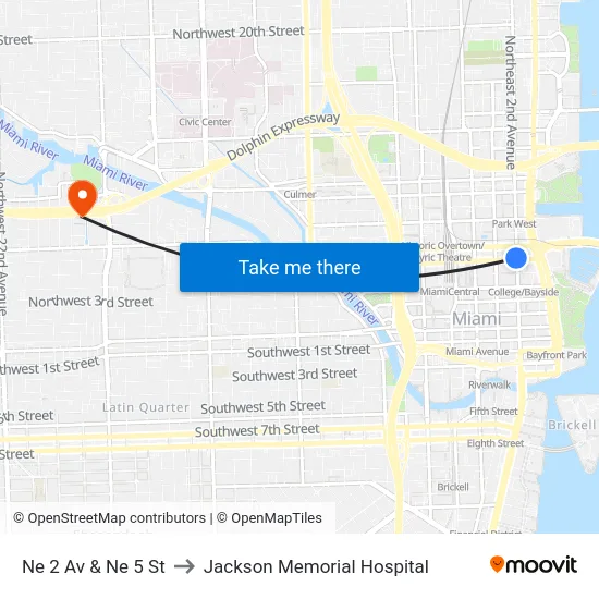 Ne 2 Av & Ne 5 St to Jackson Memorial Hospital map