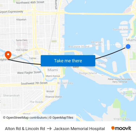 Alton Rd & Lincoln Rd to Jackson Memorial Hospital map