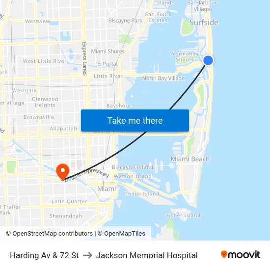 Harding Av & 72 St to Jackson Memorial Hospital map