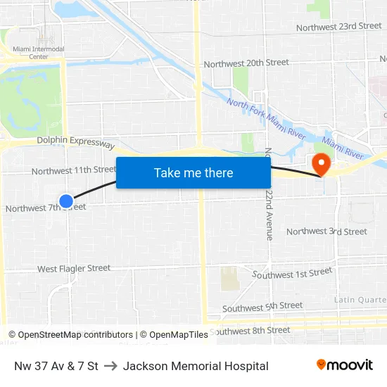 Nw 37 Av & 7 St to Jackson Memorial Hospital map