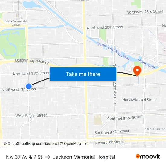 Nw 37 Av & 7 St to Jackson Memorial Hospital map
