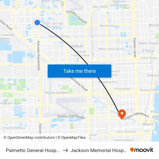 Palmetto General Hospital to Jackson Memorial Hospital map