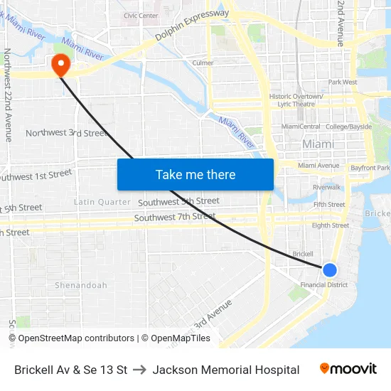 Brickell Av & Se 13 St to Jackson Memorial Hospital map
