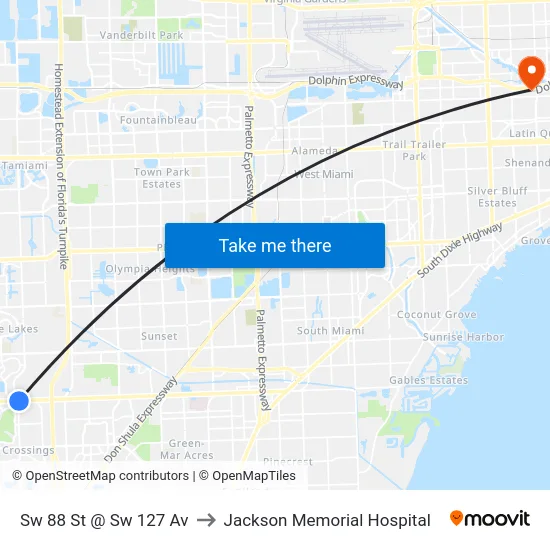 Sw 88 St @ Sw 127 Av to Jackson Memorial Hospital map