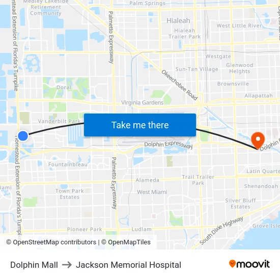 Dolphin Mall to Jackson Memorial Hospital map
