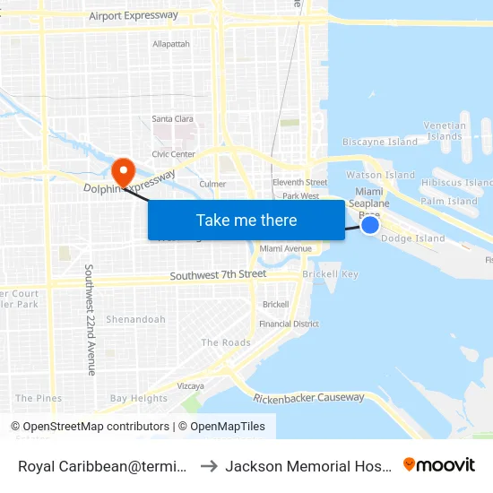 Royal Caribbean@terminal J to Jackson Memorial Hospital map