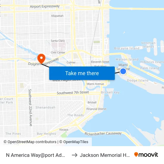 N America Way@port Admin Bldg to Jackson Memorial Hospital map