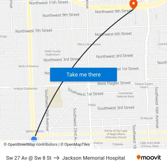 Sw 27 Av @ Sw 8 St to Jackson Memorial Hospital map