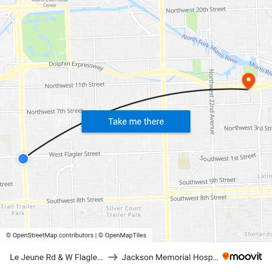 Le Jeune Rd & W Flagler St to Jackson Memorial Hospital map