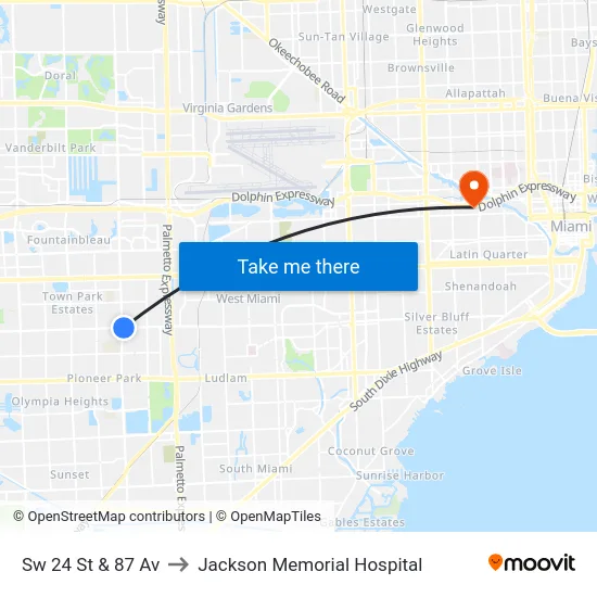 Sw 24 St & 87 Av to Jackson Memorial Hospital map