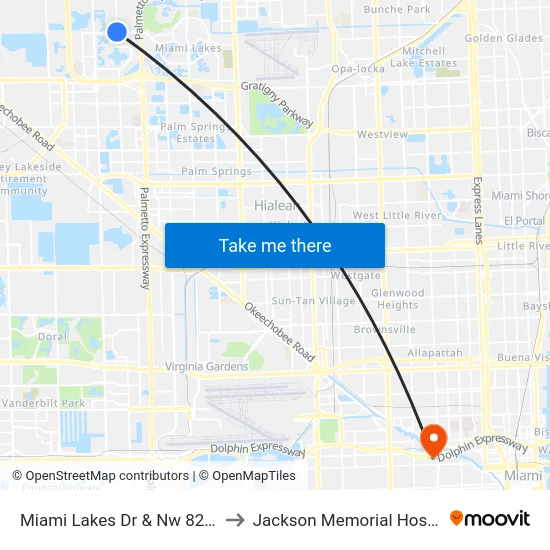 Miami Lakes Dr & Nw 82 Ave to Jackson Memorial Hospital map