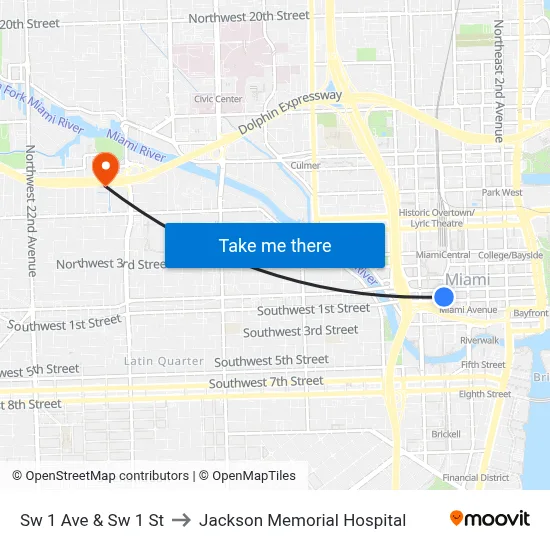 Sw 1 Ave & Sw 1 St to Jackson Memorial Hospital map
