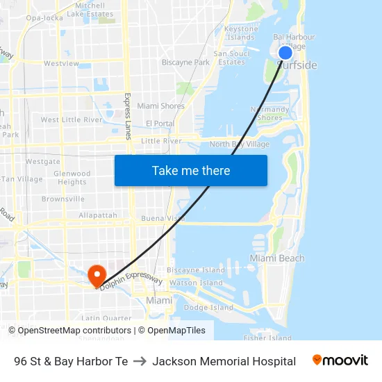 96 St & Bay Harbor Te to Jackson Memorial Hospital map