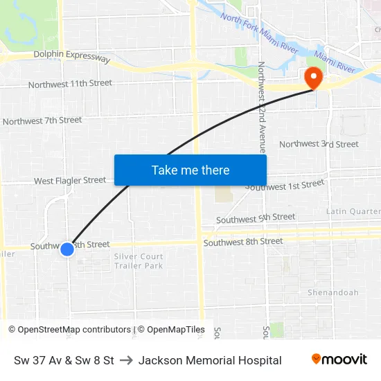 Sw 37 Av & Sw 8 St to Jackson Memorial Hospital map
