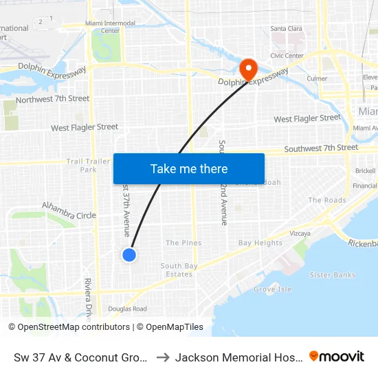 Sw 37 Av & Coconut Grove Dr to Jackson Memorial Hospital map