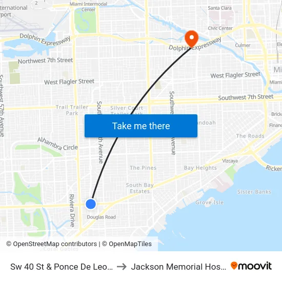 Sw 40 St & Ponce De Leon Bd to Jackson Memorial Hospital map