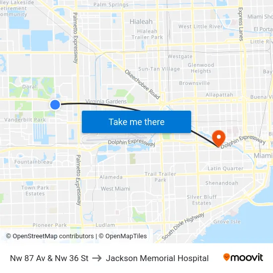Nw 87 Av & Nw 36 St to Jackson Memorial Hospital map