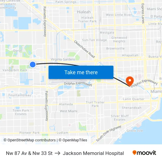 Nw 87 Av & Nw 33 St to Jackson Memorial Hospital map