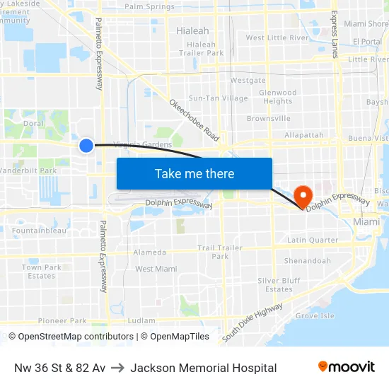 Nw 36 St & 82 Av to Jackson Memorial Hospital map