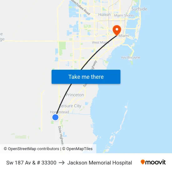 Sw 187 Av & # 33300 to Jackson Memorial Hospital map