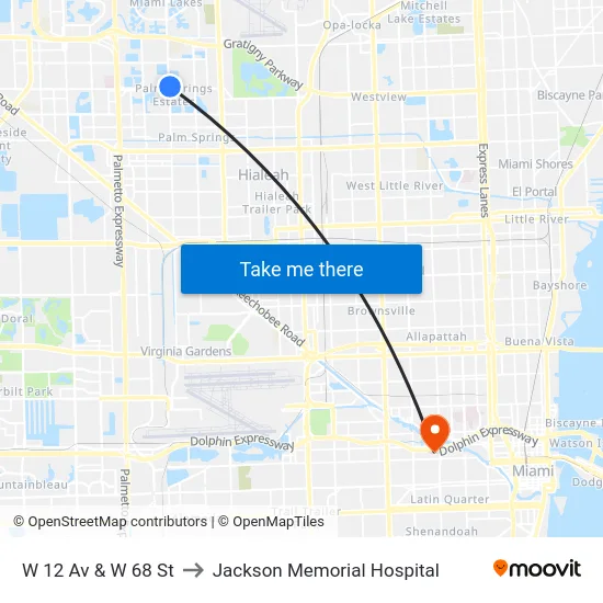 W 12 Av & W 68 St to Jackson Memorial Hospital map