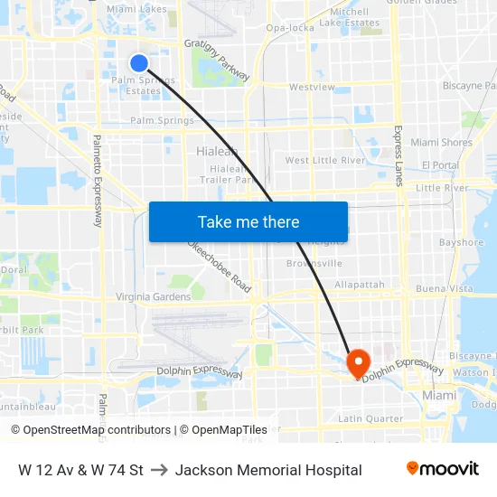 W 12 Av & W 74 St to Jackson Memorial Hospital map