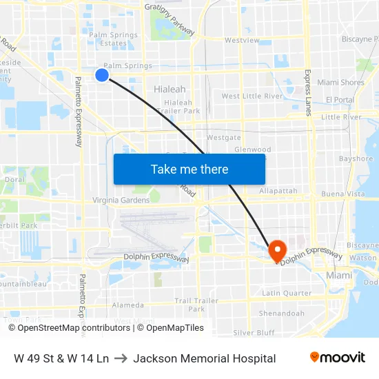 W 49 St & W 14 Ln to Jackson Memorial Hospital map