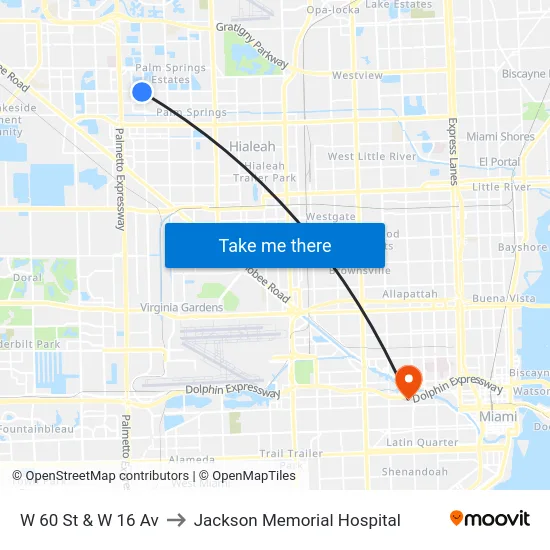 W 60 St & W 16 Av to Jackson Memorial Hospital map