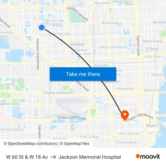 W 60 St & W 18 Av to Jackson Memorial Hospital map