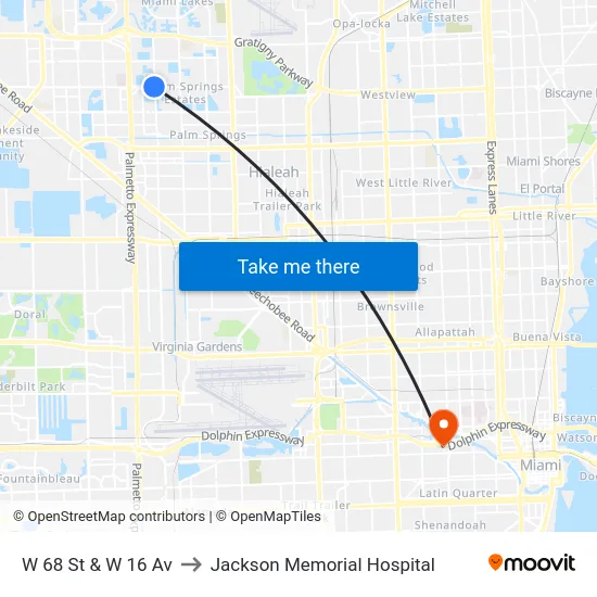 W 68 St & W 16 Av to Jackson Memorial Hospital map