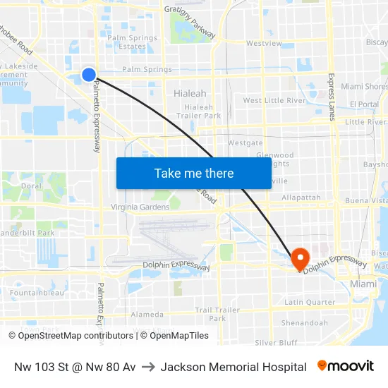 Nw 103 St @ Nw 80 Av to Jackson Memorial Hospital map