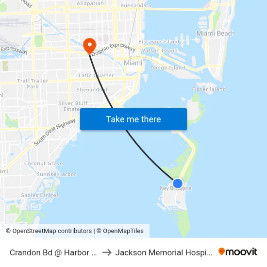 Crandon Bd @ Harbor Dr to Jackson Memorial Hospital map