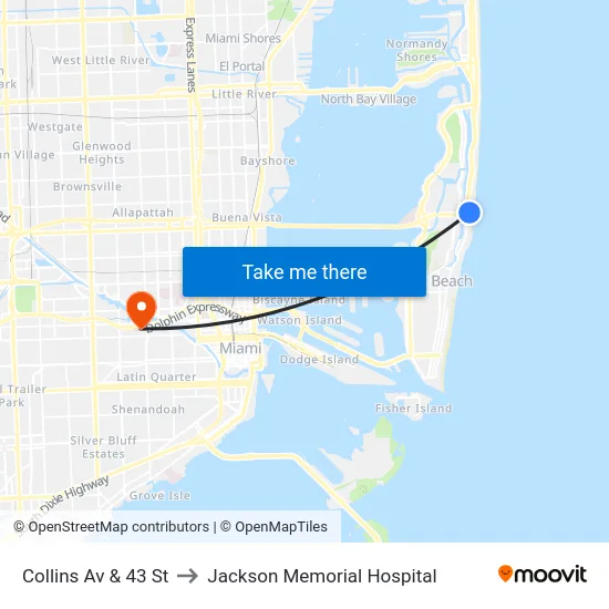 Collins Av & 43 St to Jackson Memorial Hospital map