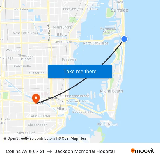 Collins Av & 67 St to Jackson Memorial Hospital map